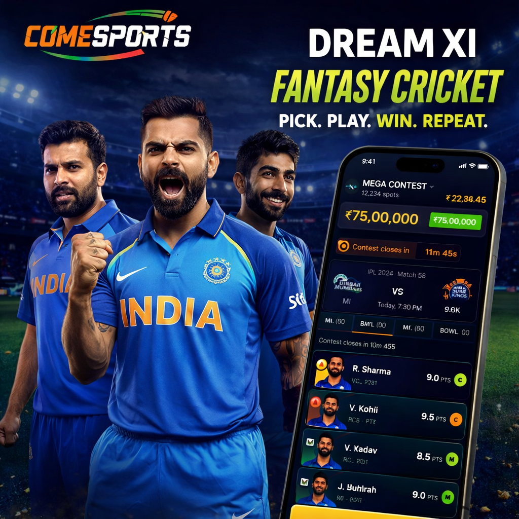 Come Fantasy Play fantasy cricket and India team visual